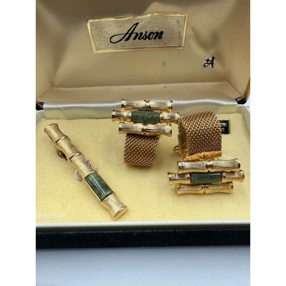 Vintage Anson Bamboo Genuine Jade Cufflinks and Tie Clip Set Gold Tone Mesh Box